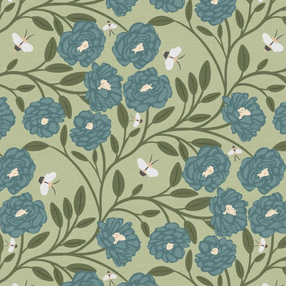 Pattern of blue flowers with green leaves and white bees on a light green background.