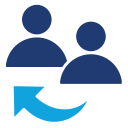 Icon of two people with a curved arrow indicating collaboration or interaction.