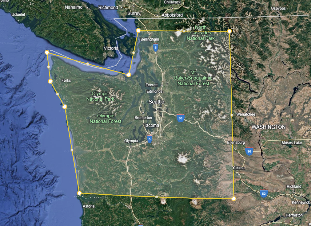 A map showing the state of Washington with city and highway labels, including Seattle, Olympia, Tacoma, and Vancouver, along with highlighted national parks like Olympic National Park, North Cascades National Park, and Mount Baker-Snoqualmie National Forest.