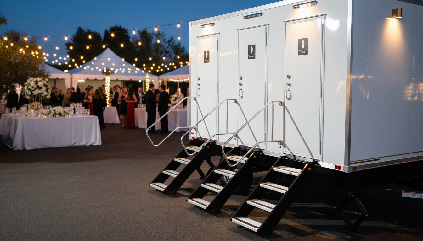 Outdoor evening event with string lights, decorated tables, and guests, featuring a white portable restroom trailer with four doors and steps.