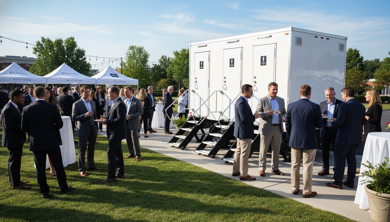 Business professionals in formal attire socializing outdoors at a corporate event with tents and a portable restroom in the background.