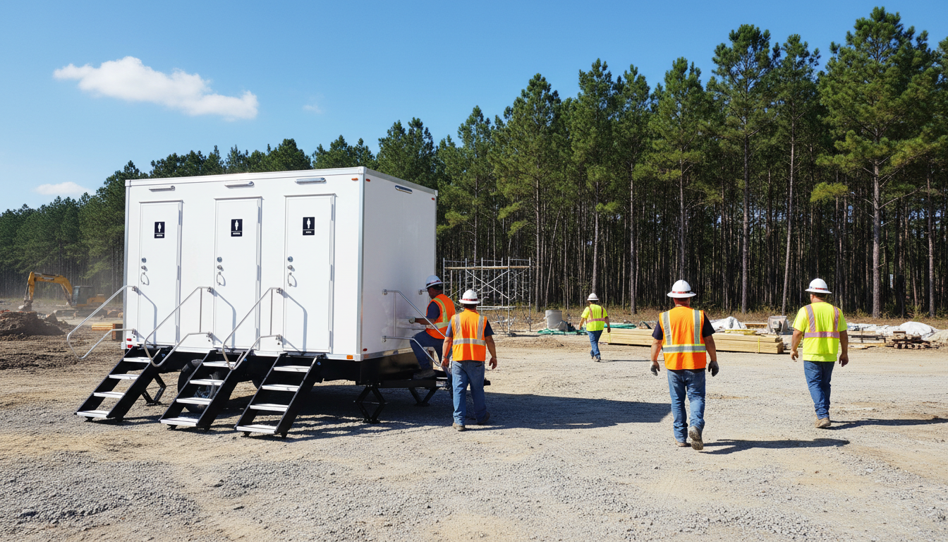 Construction workers wearing safety vests and hard hats walk towards a portable restroom on a construction site with a forested background.