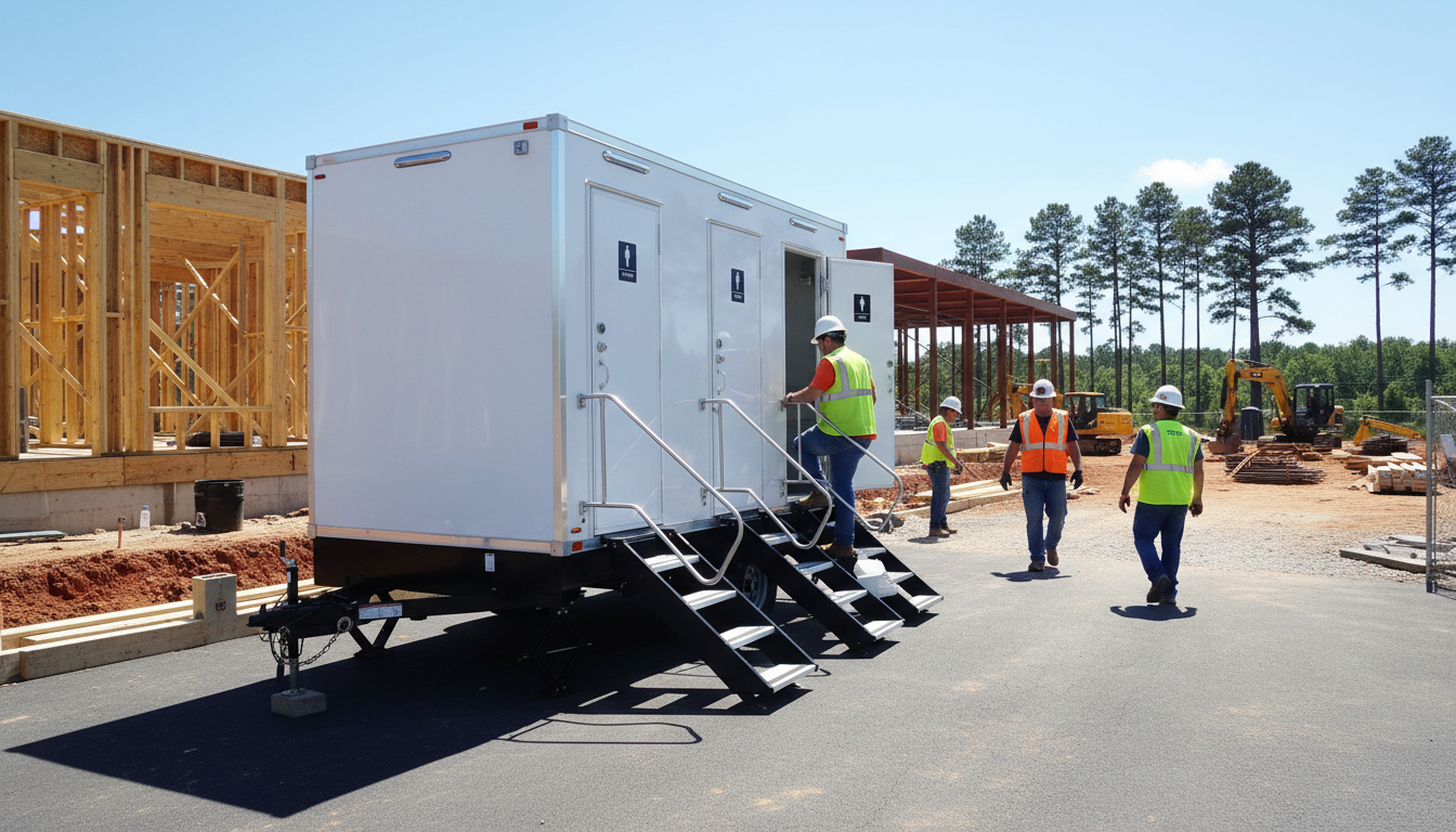 Construction workers in safety vests and helmets working at a building site with a portable restroom in the foreground and wooden framing structures in the background.