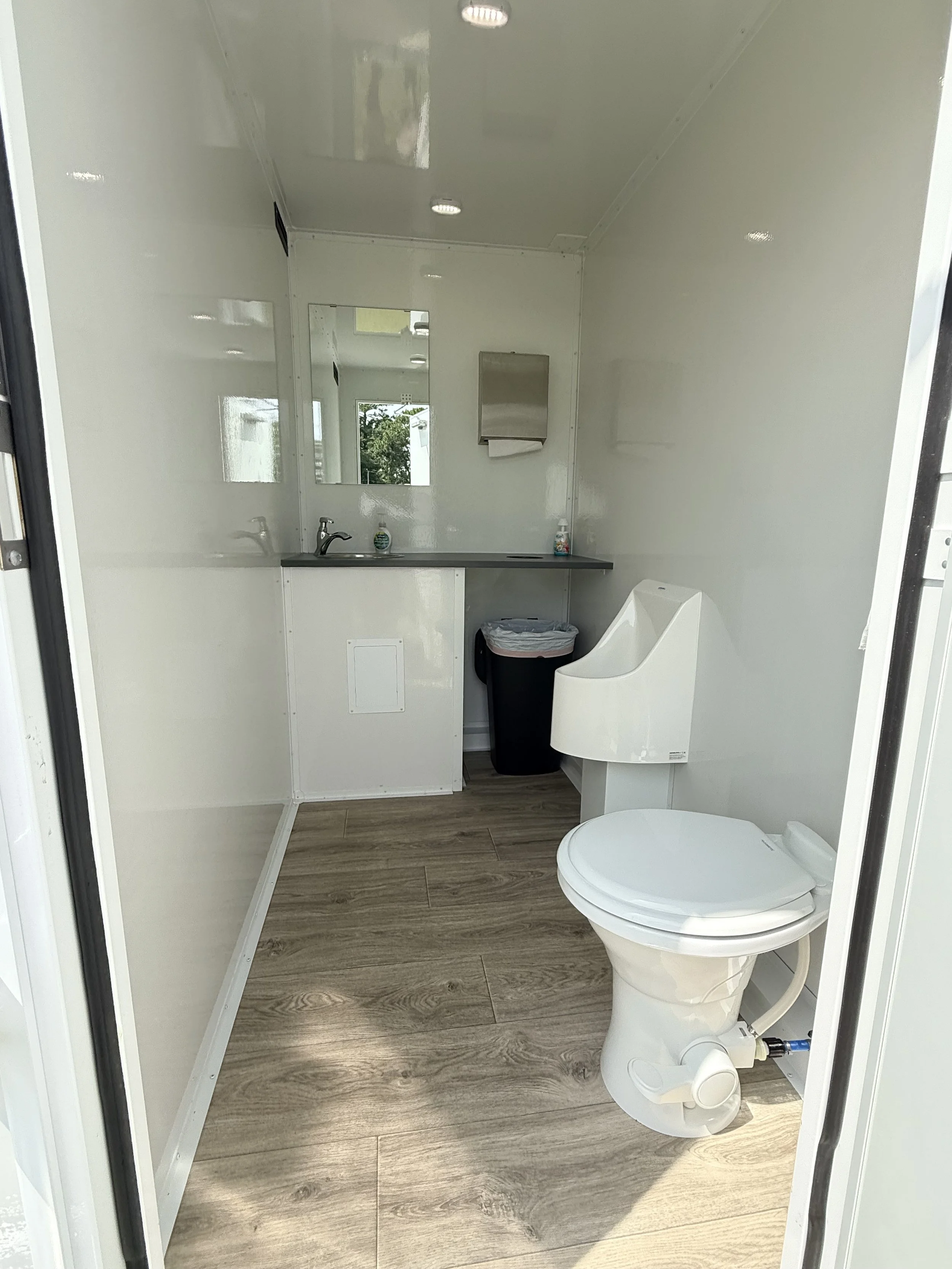 Interior of luxury restroom trailer rental throughout Eastern North Carolina