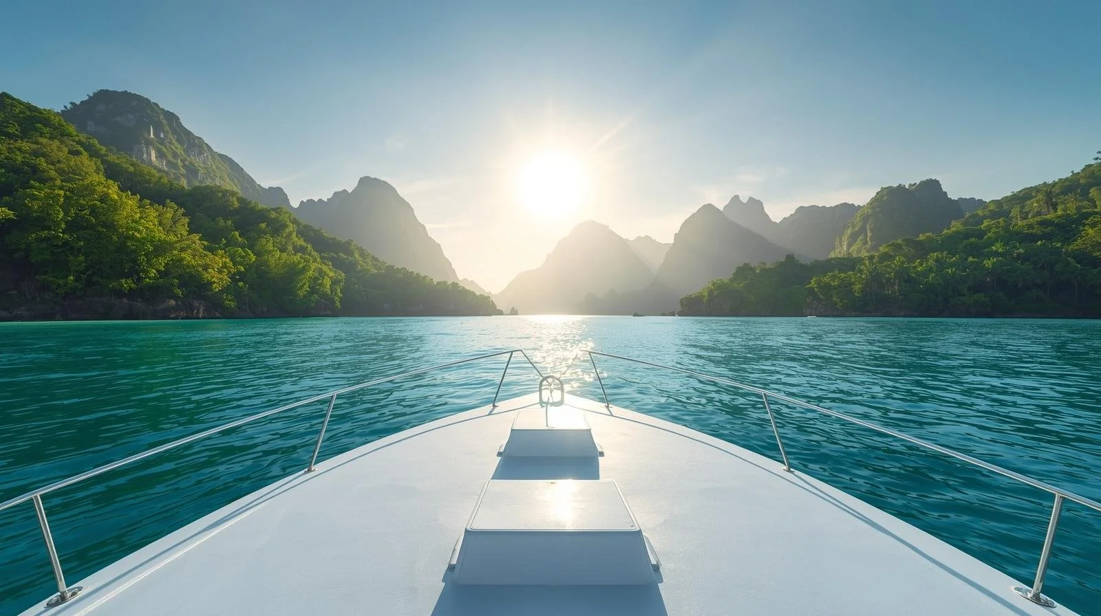 View from a boat looking into a scenic waterway surrounded by green mountains with the sun shining above
