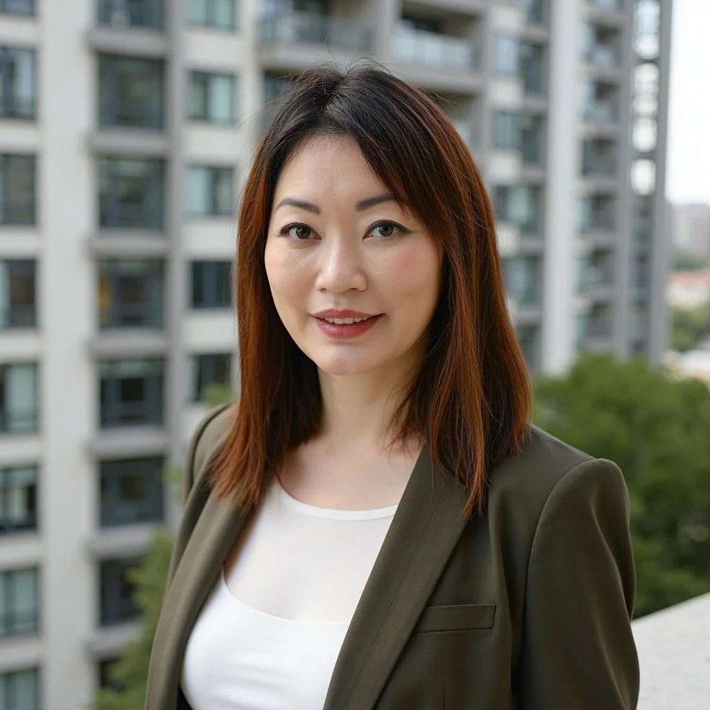 A woman with medium-length brown hair, wearing a white top and a dark blazer, smiling on a balcony with a cityscape of high-rise apartment buildings and trees in the background.