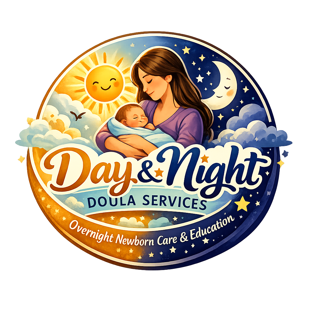 Round logo with a mother holding a sleeping newborn, sun and moon with stars in the background, and the text "Day & Night Doula Services" and "Overnight Newborn Care & Education".