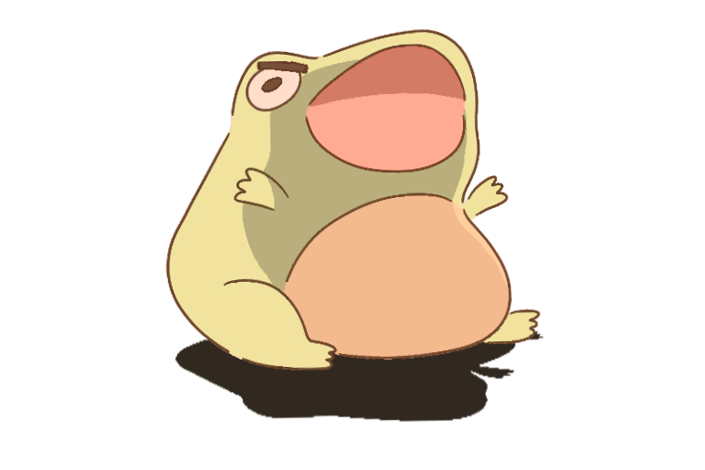 A cartoon illustration of a fat, cute frog with a big open mouth and small limbs, sitting on a dark surface.