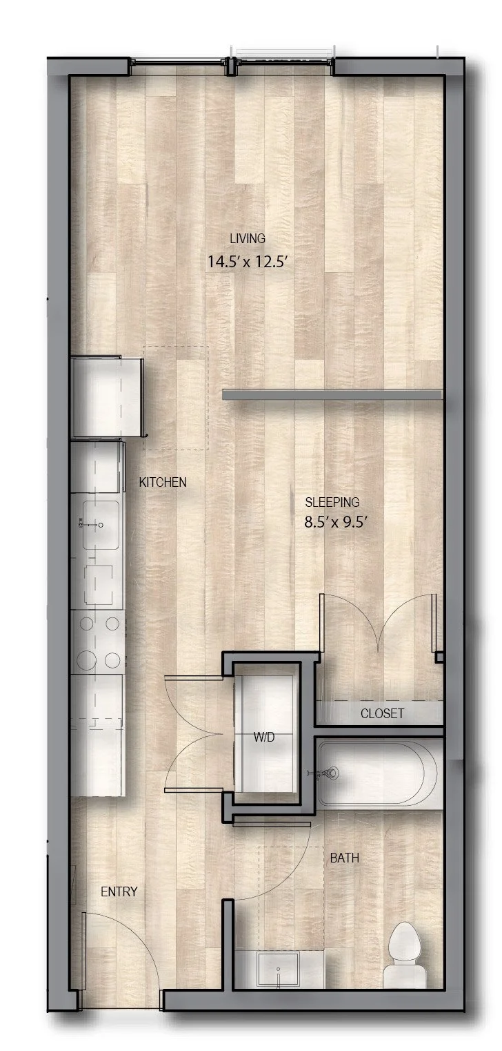 Floor plan of a small apartment with labeled areas: entry, kitchen, living room, sleeping area, closet, bathroom, and laundry area.