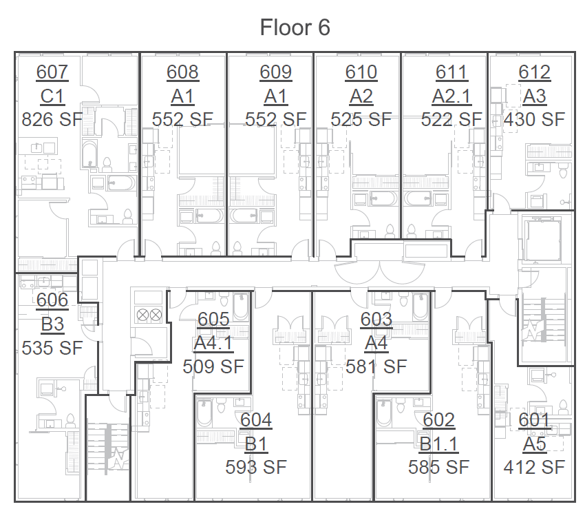 Floor plan layout of the sixth floor with numbered rooms and square footage, showing a corridor connecting various apartments.