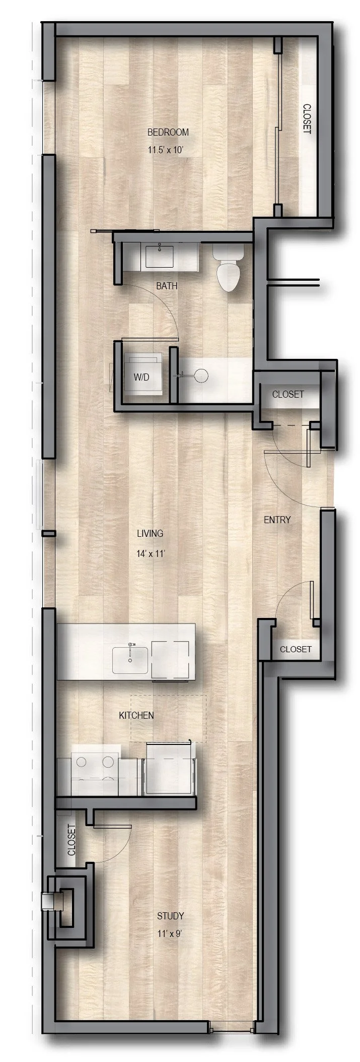 Floor plan of a small apartment with a study room, kitchen, living area, bathroom, bedroom, closets, entryway, and washer/dryer.