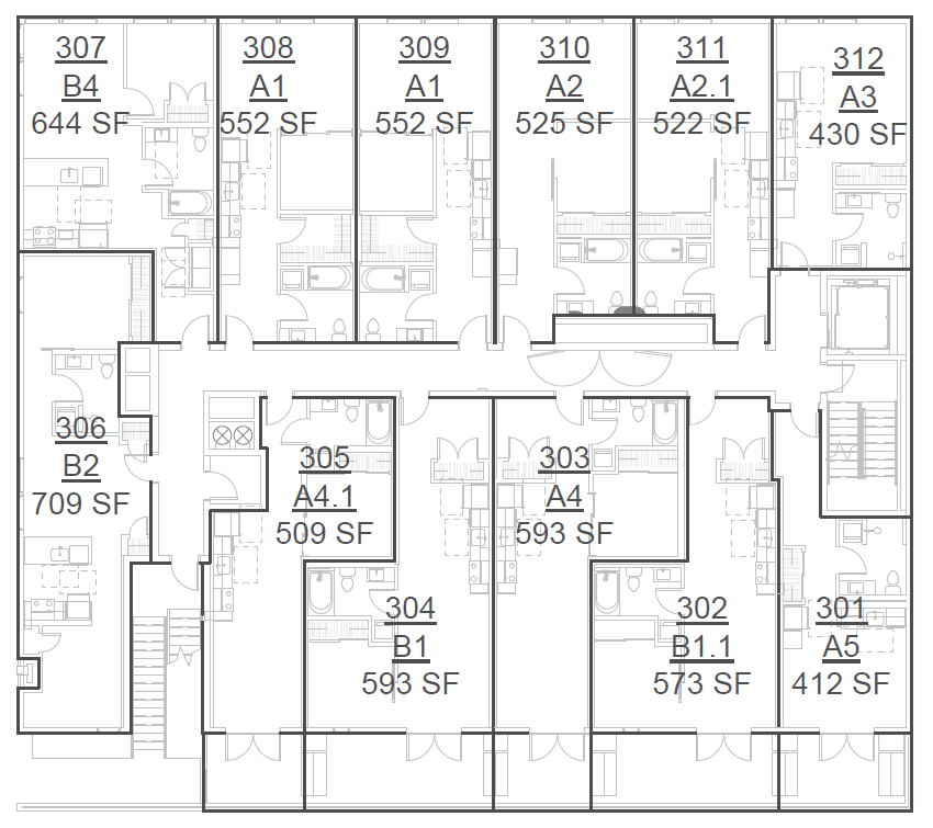 Floor plan of an apartment building showing multiple units with labels, square footage, and layout details.