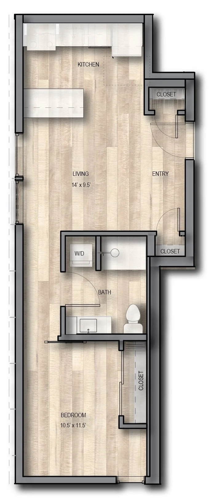 Floor plan of a small apartment with a bedroom, bathroom, kitchen, living area, entryway, and multiple closets.