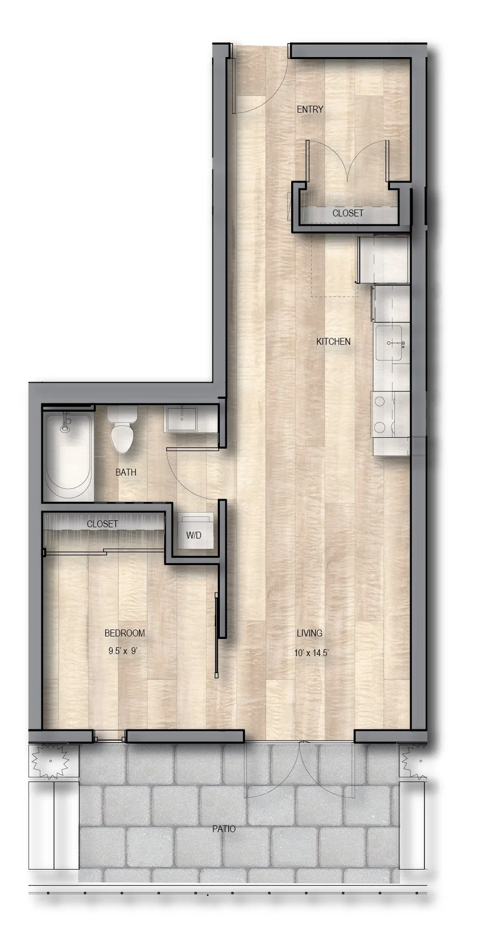 Floor plan of a small apartment with a patio at the entrance, a bedroom, a bathroom, a living area, and a kitchen.