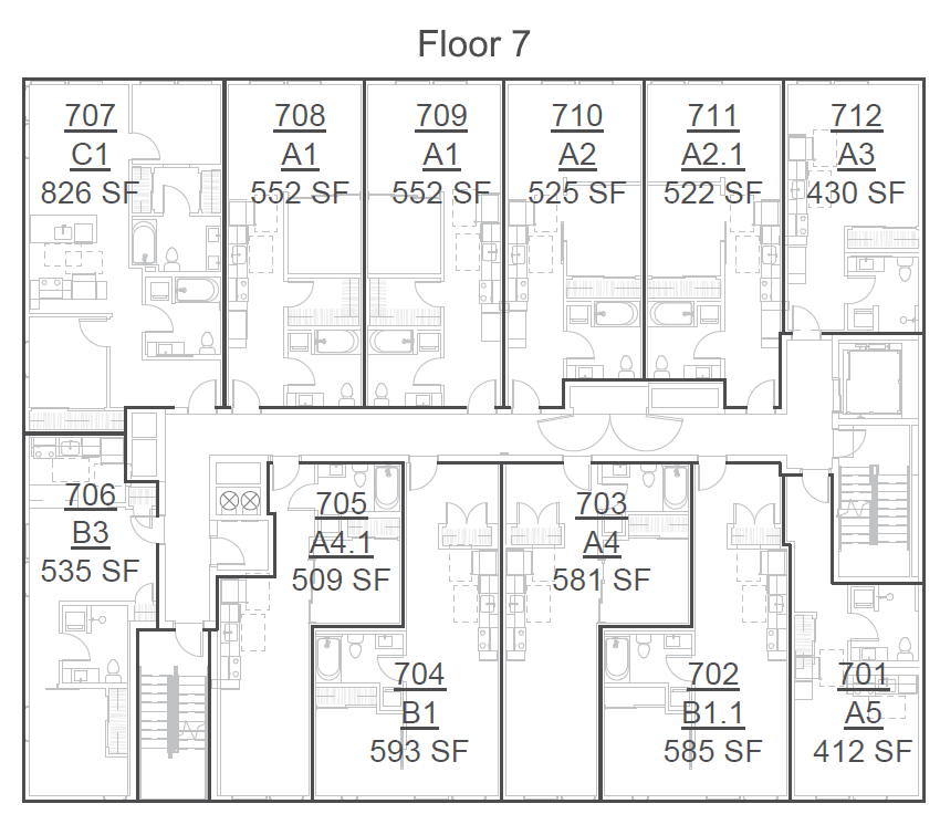 Floor plan of a multi-unit residential building on the seventh floor, showing layout and square footage of each apartment, including units 701 through 712.