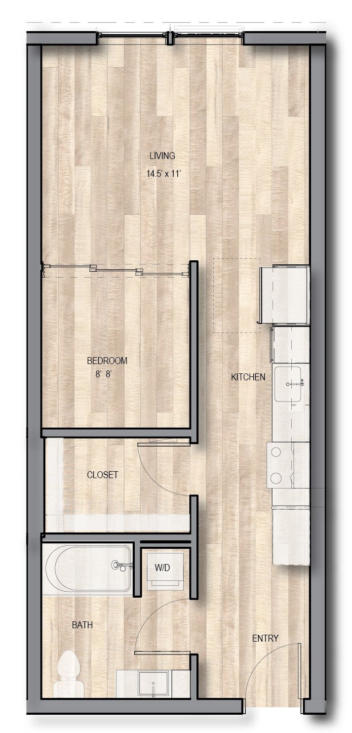 Floor plan of a small apartment with labeled rooms, including living room, bedroom, closet, bathroom, kitchen, and entryway.