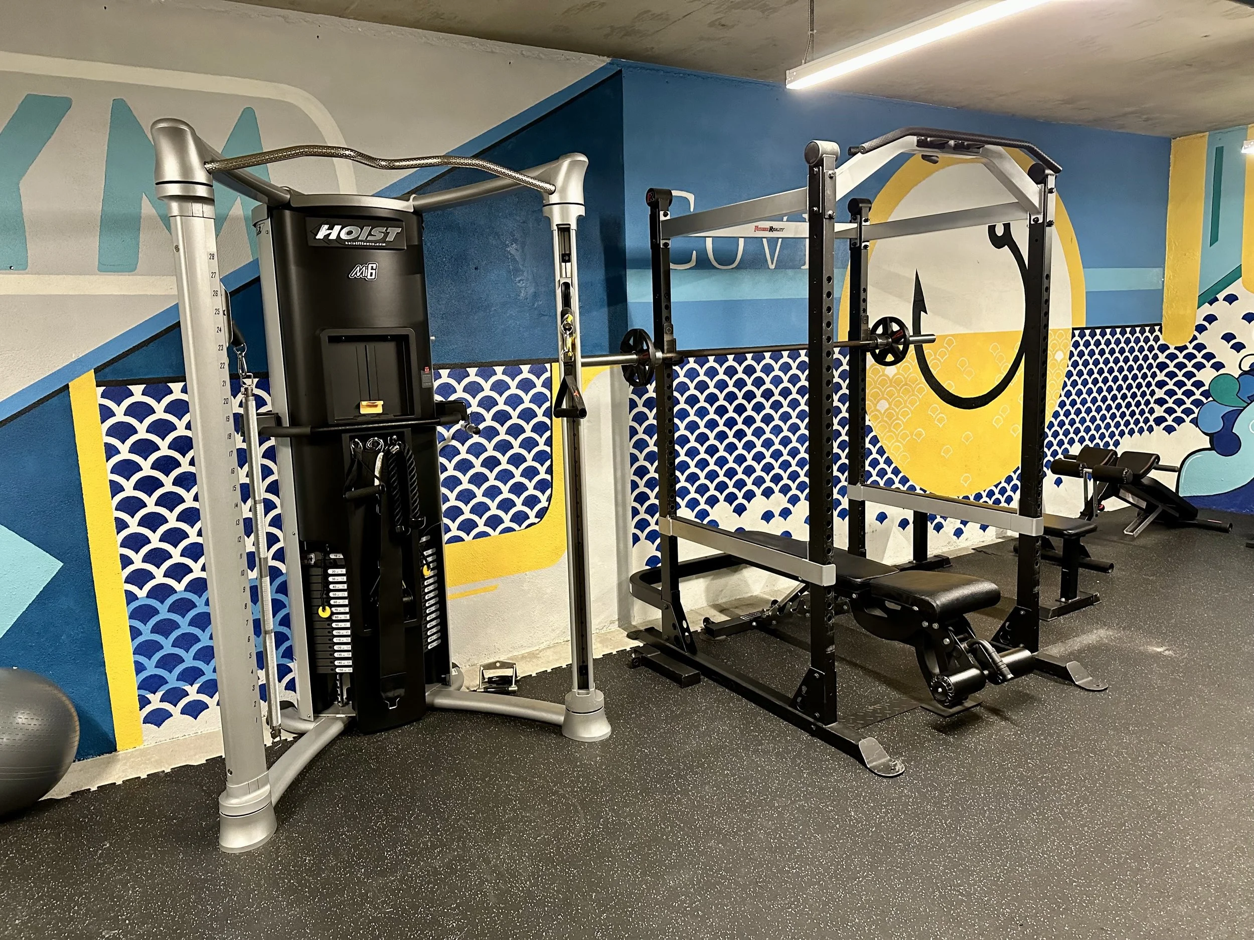 Gym with black and silver weightlifting equipment, including a power rack, a pulley machine, and a bench, positioned against a colorful wall mural with abstract and geometric designs.