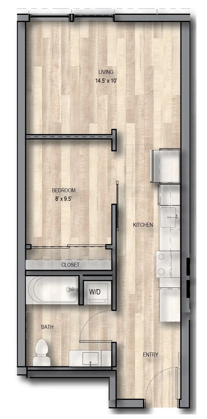 Floor plan of a small apartment showing the entry, kitchen, living room, bedroom, bathroom, closet, and washer/dryer area.