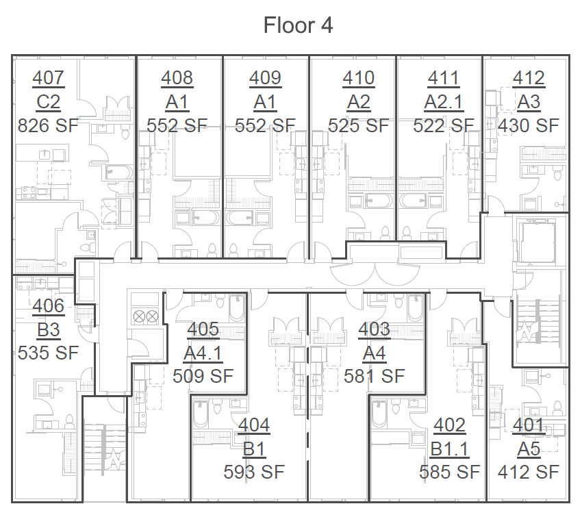 Floor plan layout of the fourth floor showing labeled rooms with numbers, room types, and square footage.