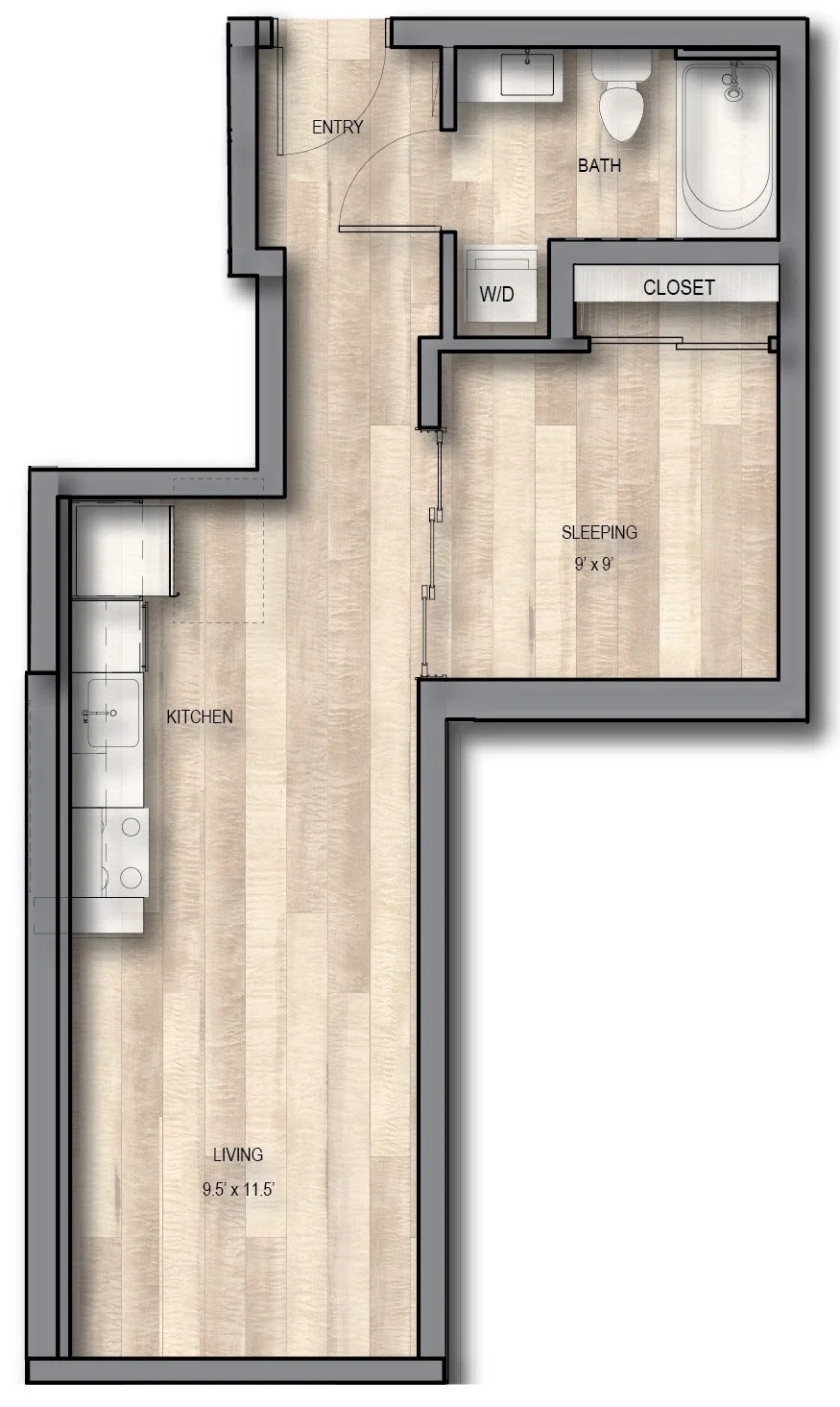 Floor plan of a small apartment with labeled areas: entry, bath, W/D, closet, sleeping (9x9 feet), kitchen, and living (9.5x11.5 feet).