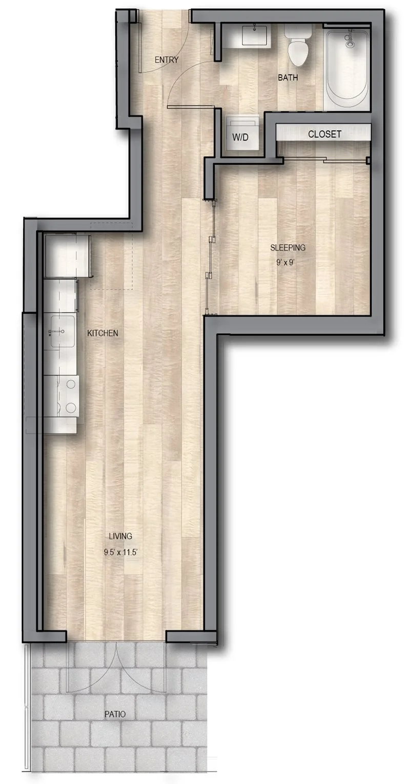 Floor plan of a small apartment with a patio, living room, kitchen, sleeping area, bathroom, and closet, showing doorways, fixtures, and measurements.