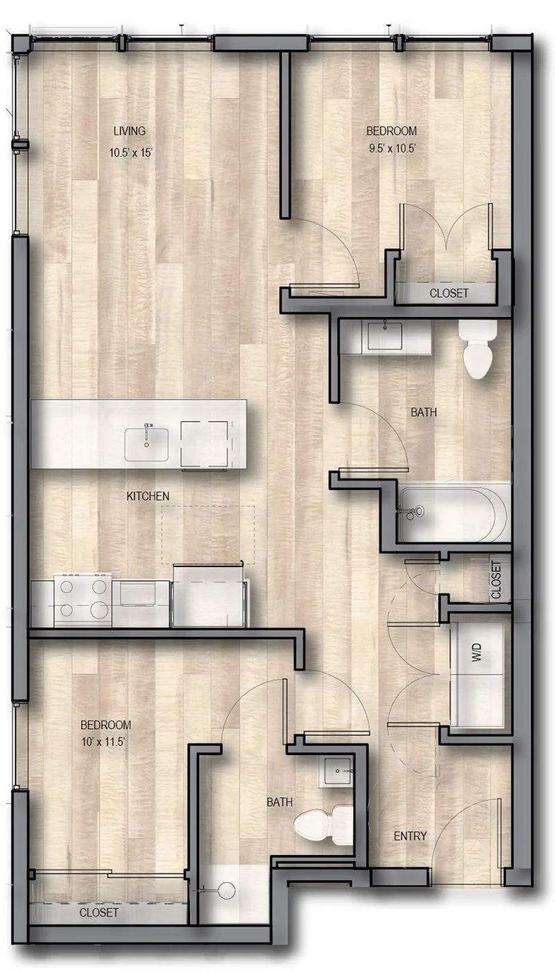 Floor plan of a two-bedroom apartment with living room, kitchen, two bathrooms, two bedrooms, closets, and laundry area.