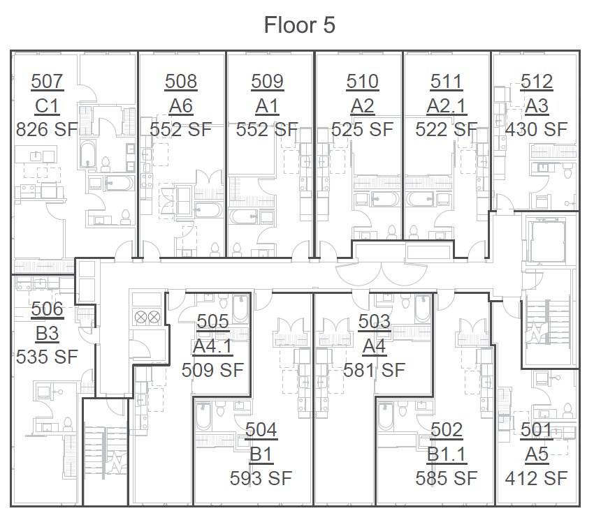 Floor plan of a building's fifth floor showing multiple rooms labeled with numbers, types, and square footage, including room numbers 501 to 512, with various layouts and bathrooms.
