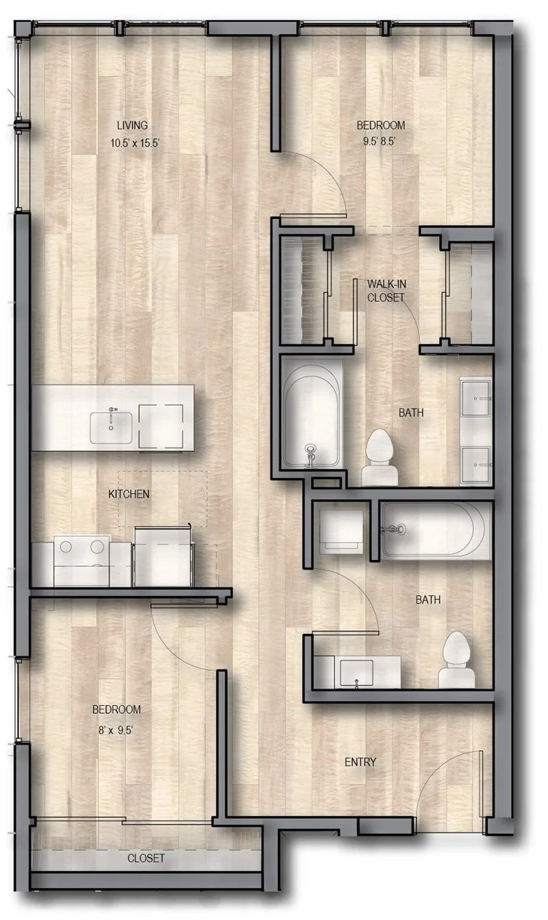 Floor plan of an apartment with a living room, kitchen, two bedrooms, two bathrooms, a walk-in closet, and an entryway.