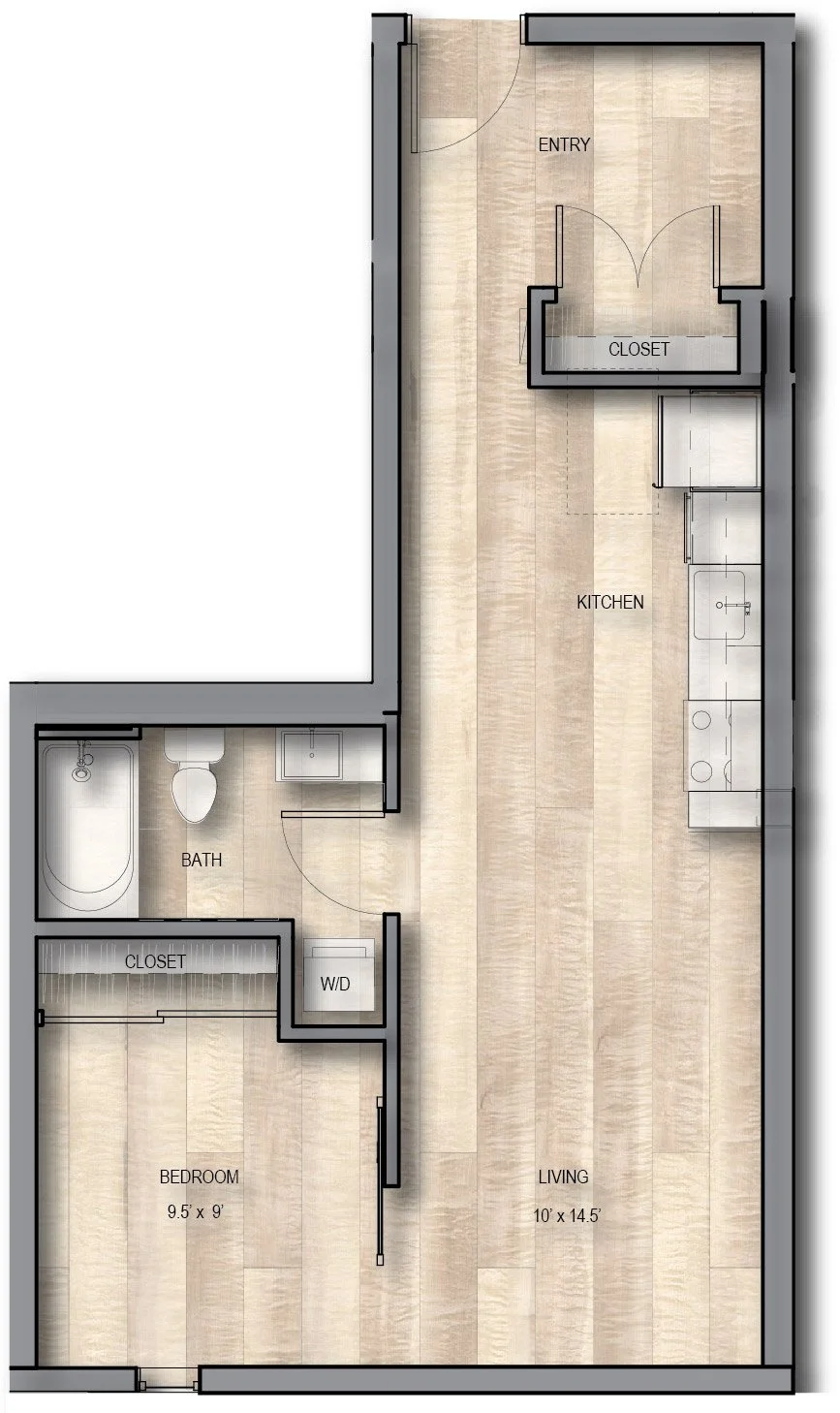 Floor plan of a small apartment showing an entryway, a kitchen, a living area, a bedroom, a bathroom, and closets.