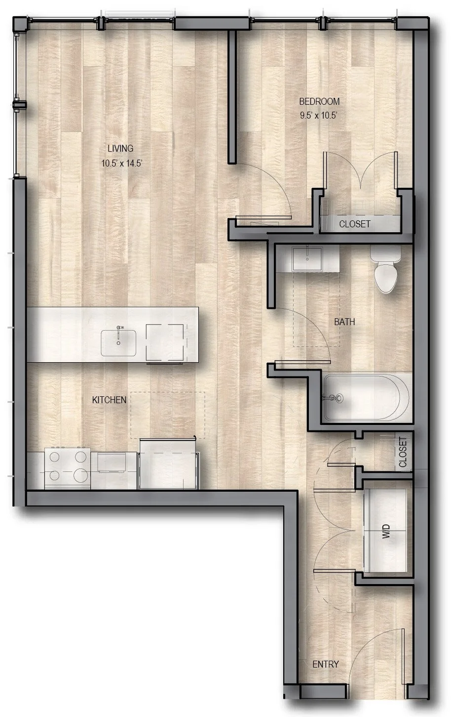 Floor plan of a small apartment with labeled rooms including entry, kitchen, living room, bedroom, bathroom, and closets.