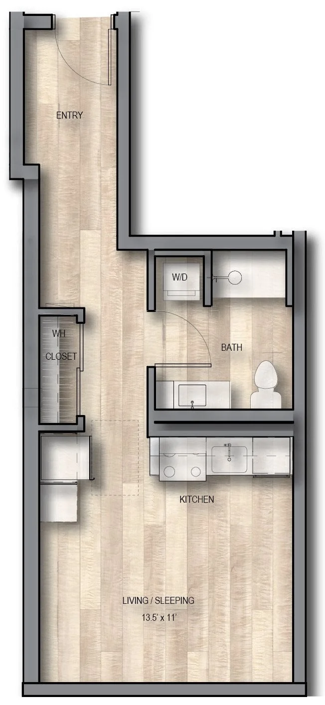Floor plan of a small apartment with an entryway, combined living and sleeping area, kitchen, bathroom, and closet with water heater. Features include a washer and dryer, and a bathroom with a toilet and sink.