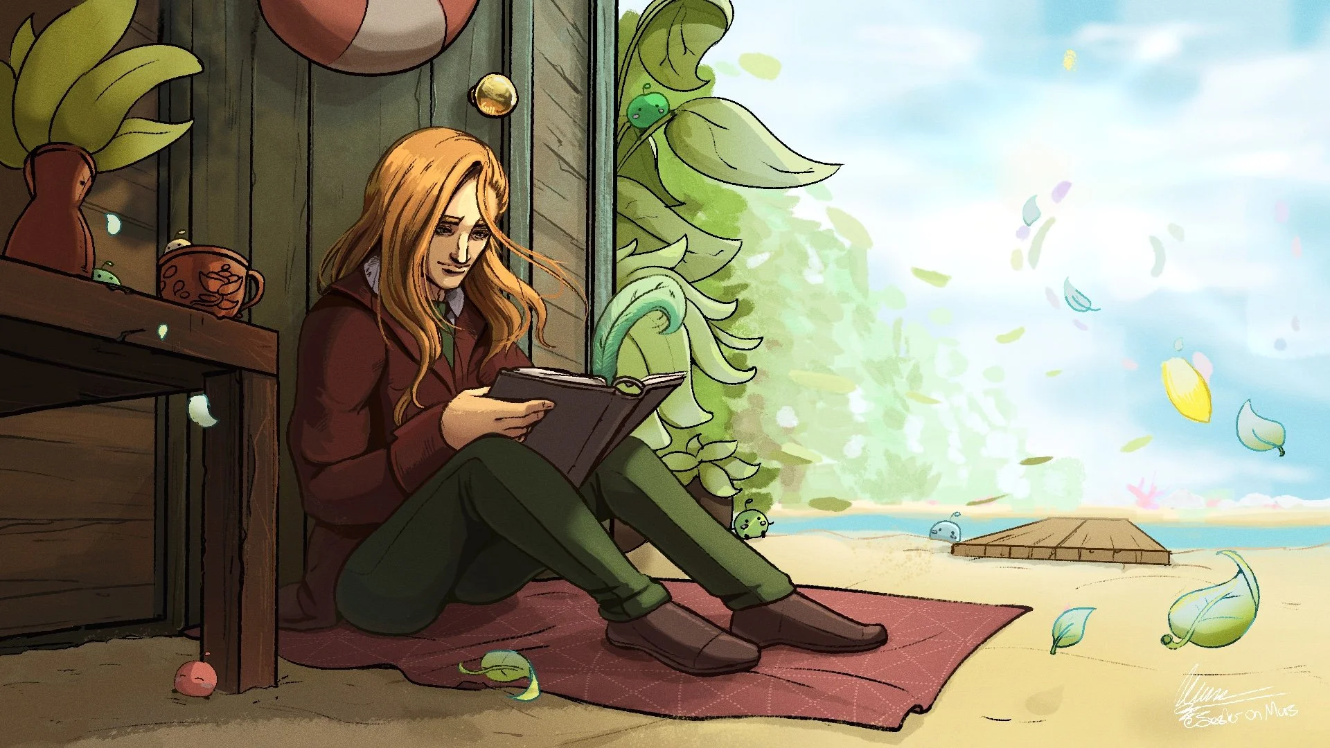 A young man with long red hair sits on a red blanket on the beach, reading a book.  is dressed in a maroon jacket and green pants. Behind h is a wooden structure with potted plants, some of which have green, round creatures on them. In the background, there is a sandy beach, a calm water body, and a blue sky with clouds. Colorful leaves and small creatures float through the air.