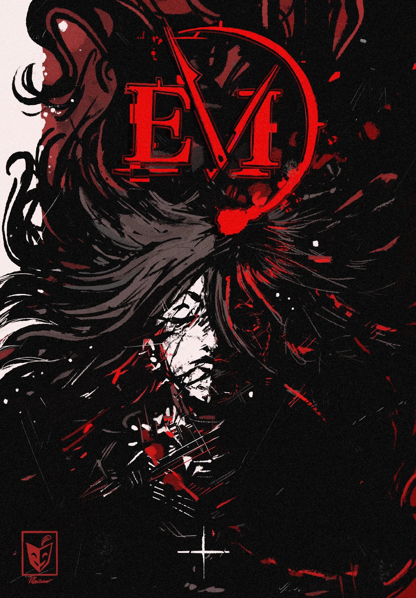 Stylized illustration of a man with flowing hair, with the word 'EVI' prominently displayed in red letters over his head, set against a dark background with red and black abstract elements.