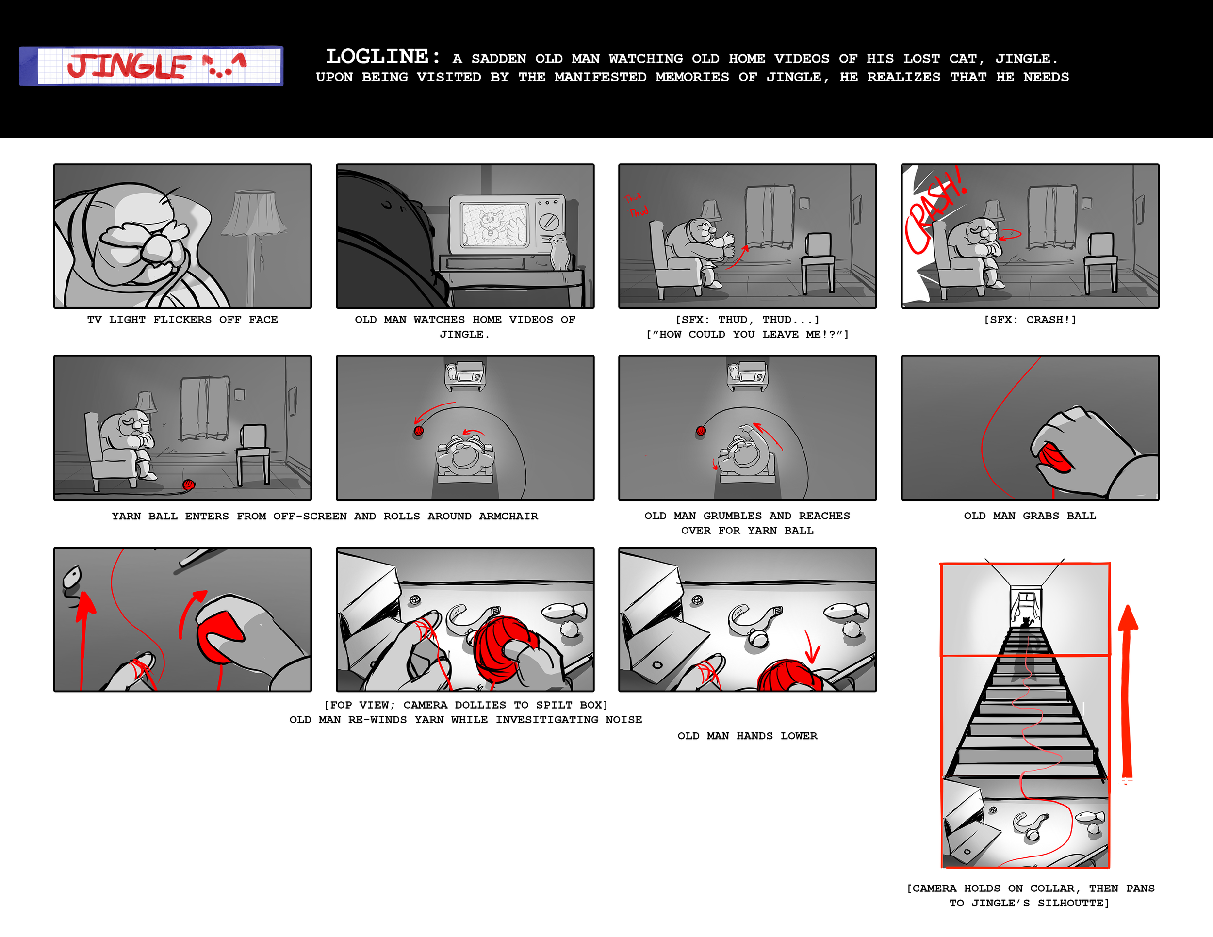 Black and white comic strip illustrating an old man watching home videos of his missing cat, Jingle. The man is seen sitting in a chair, watching a TV. After some time, he reaches out and grabs a yarn ball, which rolls off-screen. The yarn ball enters from off-screen and rolls around his armchair. The man grumbles and reaches for the yarn ball, which he then grabs. The comic shows the yarn ball entering from the left, spinning around the chair, and rolling down stairs. The sequence ends with the yarn ball in the man's hand, with the camera focusing on his lower hands. Red lines and text indicate movement and sound effects like thuds, crashes, and windings of yarn.