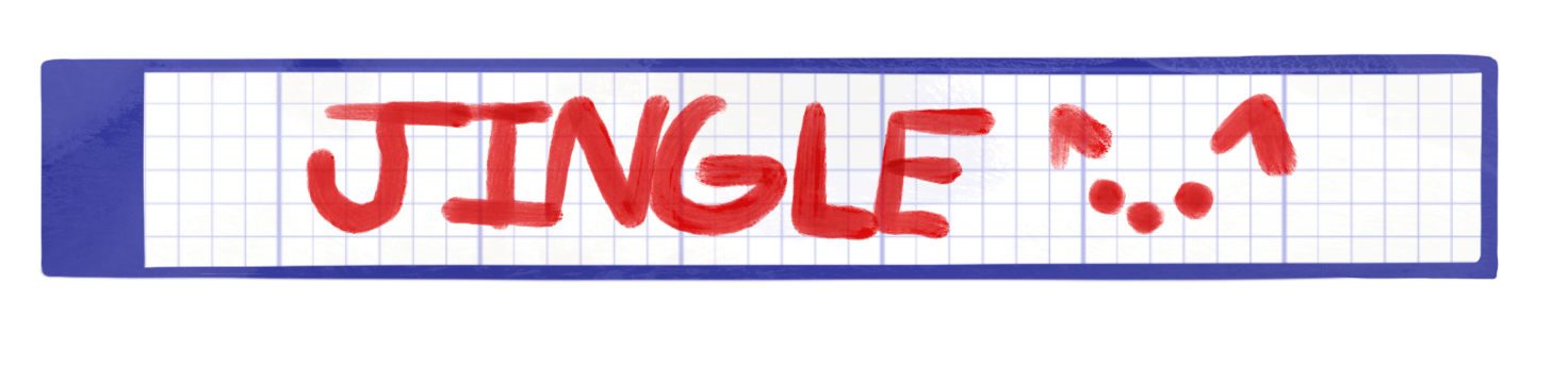 Handwritten word 'JINGLE' in red marker on a piece of graph paper with grid lines, surrounded by purple borders.
