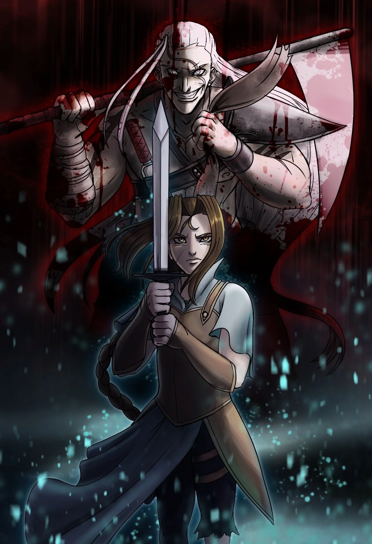 Dark fantasy artwork featuring three characters: a sinister smiling man with long hair and a large weapon, a fierce young woman with a sword, and a small floating blue flame, all set against a dark and red background with glowing light effects.