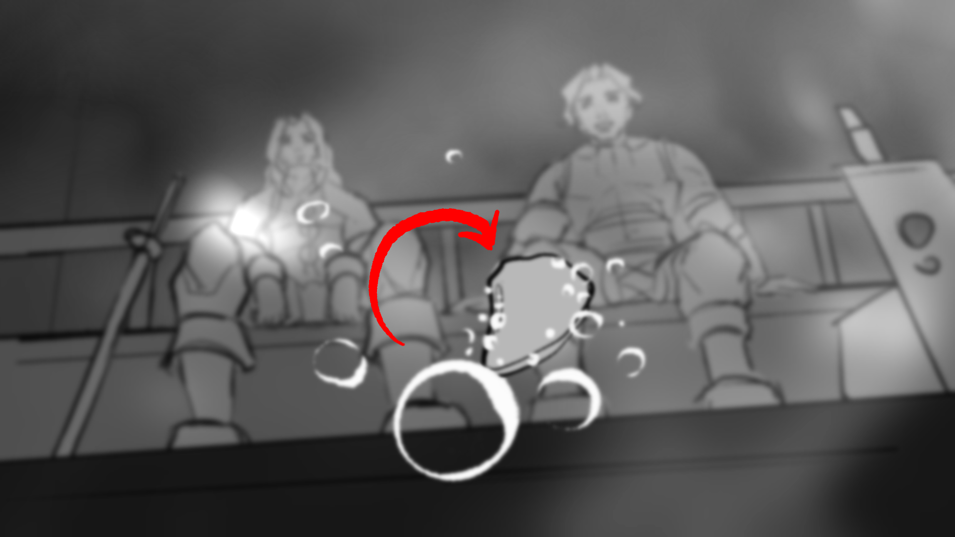 Black and white illustration of two men sitting on a ledge in the water's reflection, with a stone descending to its depths in the foreground.