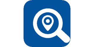 Icon of a magnifying glass with a location pin inside, on a blue background.