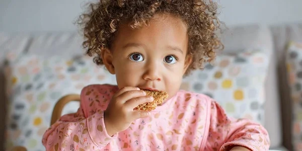 A young girl with curly hair eating a cookie at a table in a cozy room.