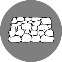 Illustration of a pile of white stones or bricks on a gray circular background.