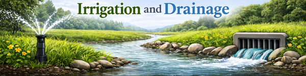 Illustration of irrigation and drainage system with a sprinkler watering grass and a drainage pipe directing water into a stream.