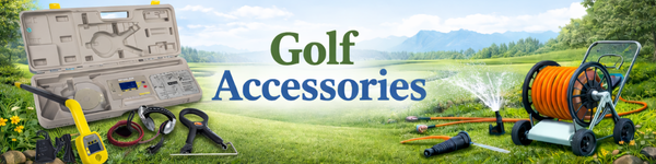 Golf accessories including a golf club set, a rangefinder, and various tools displayed on a golf course with a sprinkler system in the background.