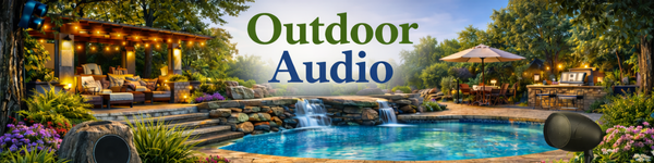 Outdoor pool area with seating, waterfall, and ambient lighting at sunset, showcasing outdoor audio equipment.