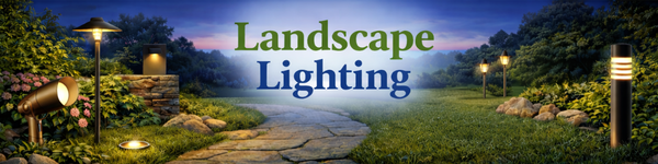 A landscaped outdoor area at dusk with pathway lighting, lantern-style lamps, and garden plants.