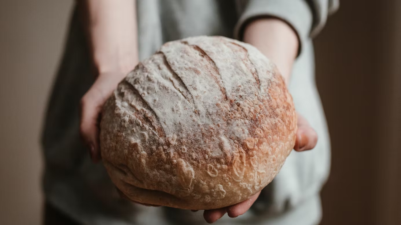 Person holding a round loaf of bread with a dusting of flour on top.