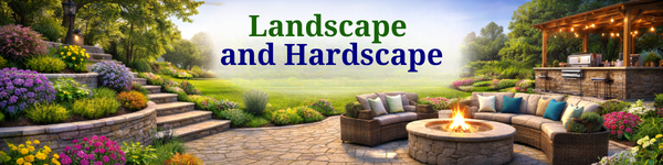 A landscaped backyard with a patio area, outdoor seating, a fire pit, surrounding plants, and a gazebo on the right, under a clear blue sky.