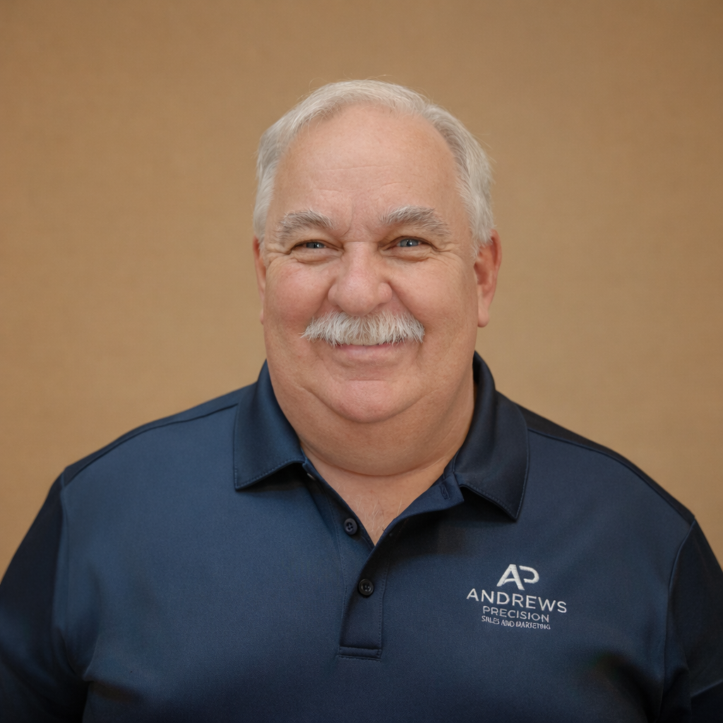 A smiling man with white hair and a mustache wearing a navy polo shirt with 'Andrews Precision Sales and Marketing' logo against a plain beige background.