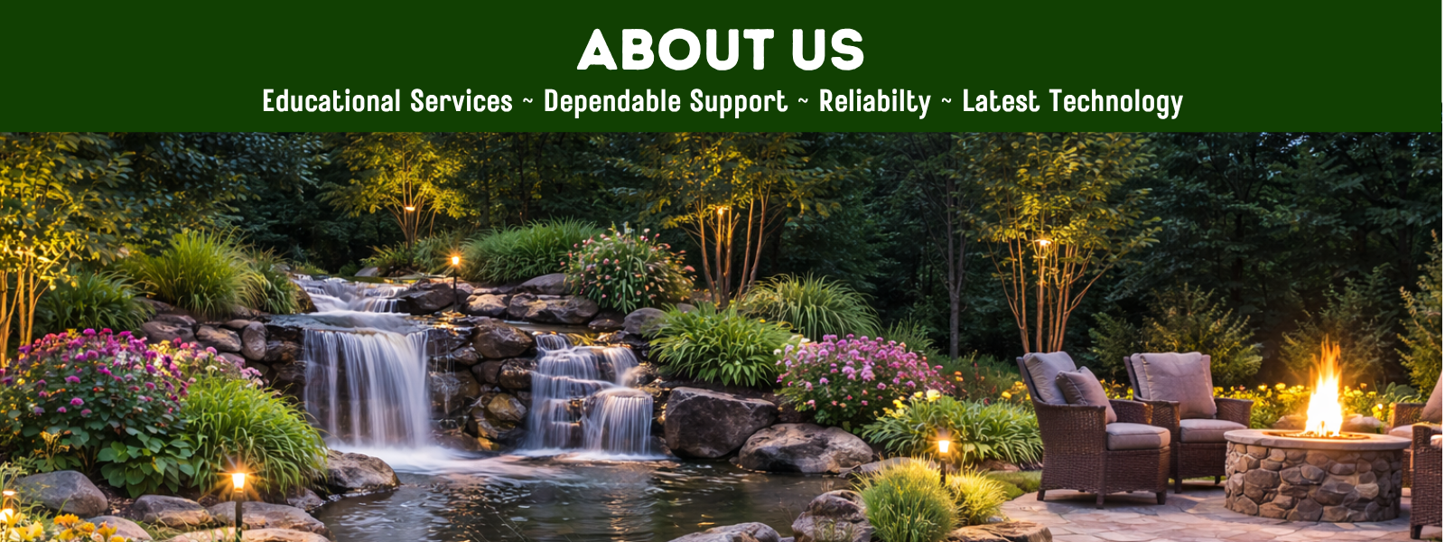 Beautifully landscape backyard with water feature and fire pit.