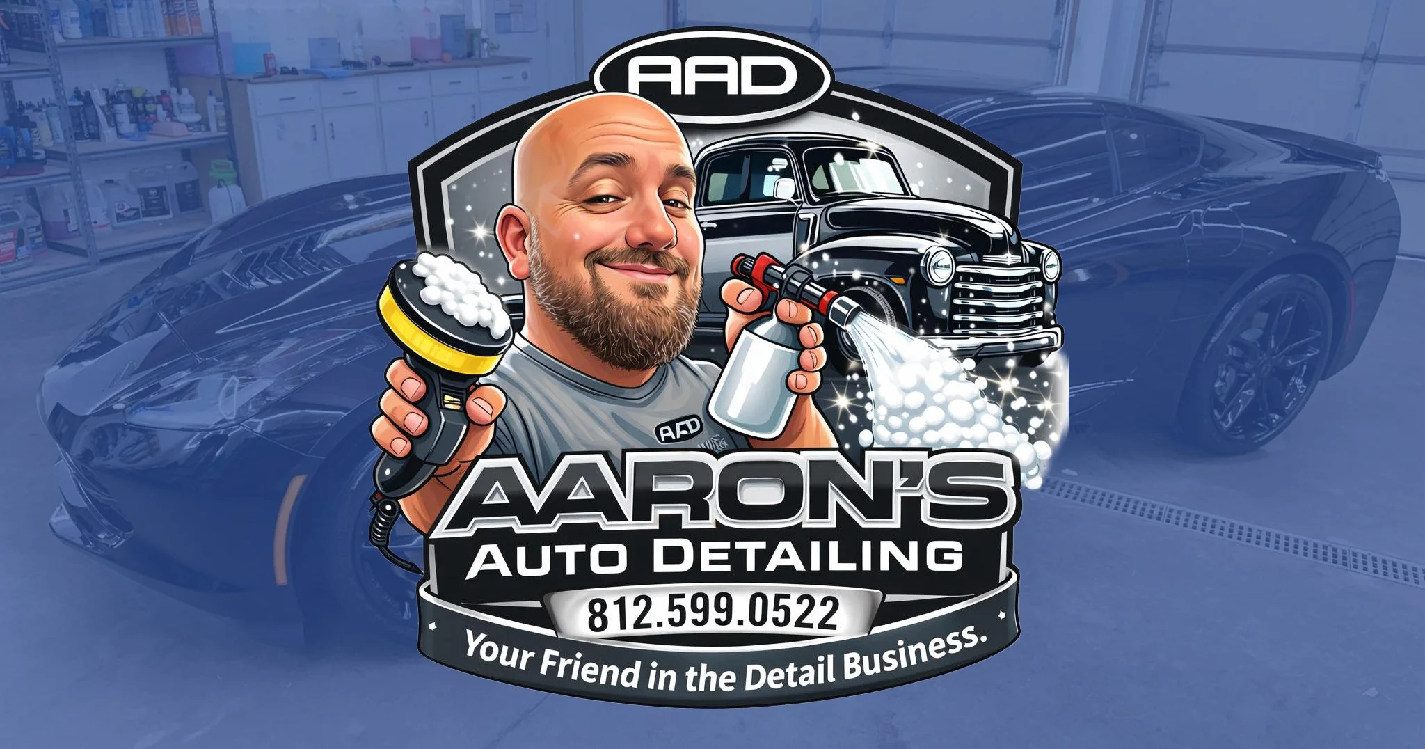 Illustration of a smiling man with a beard holding a foam cannon and a spray gun in front of a vintage black car, with a logo for Aaron's Auto Detailing, featuring a car, tools, and the phone number 812.599.0522.