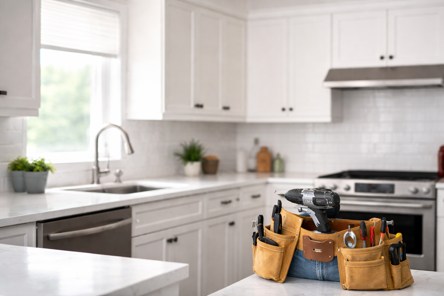 Tools and a cordless drill arranged in a tool belt on a kitchen island with white cabinets and a window in the background.